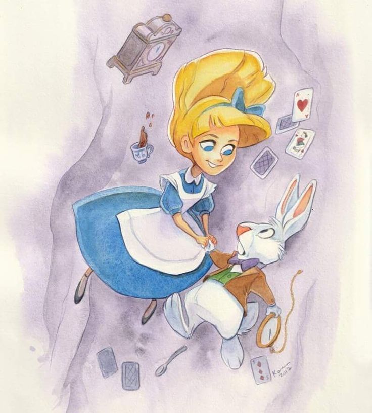 Рисунок Алиса и Кролик летят в нору акварель