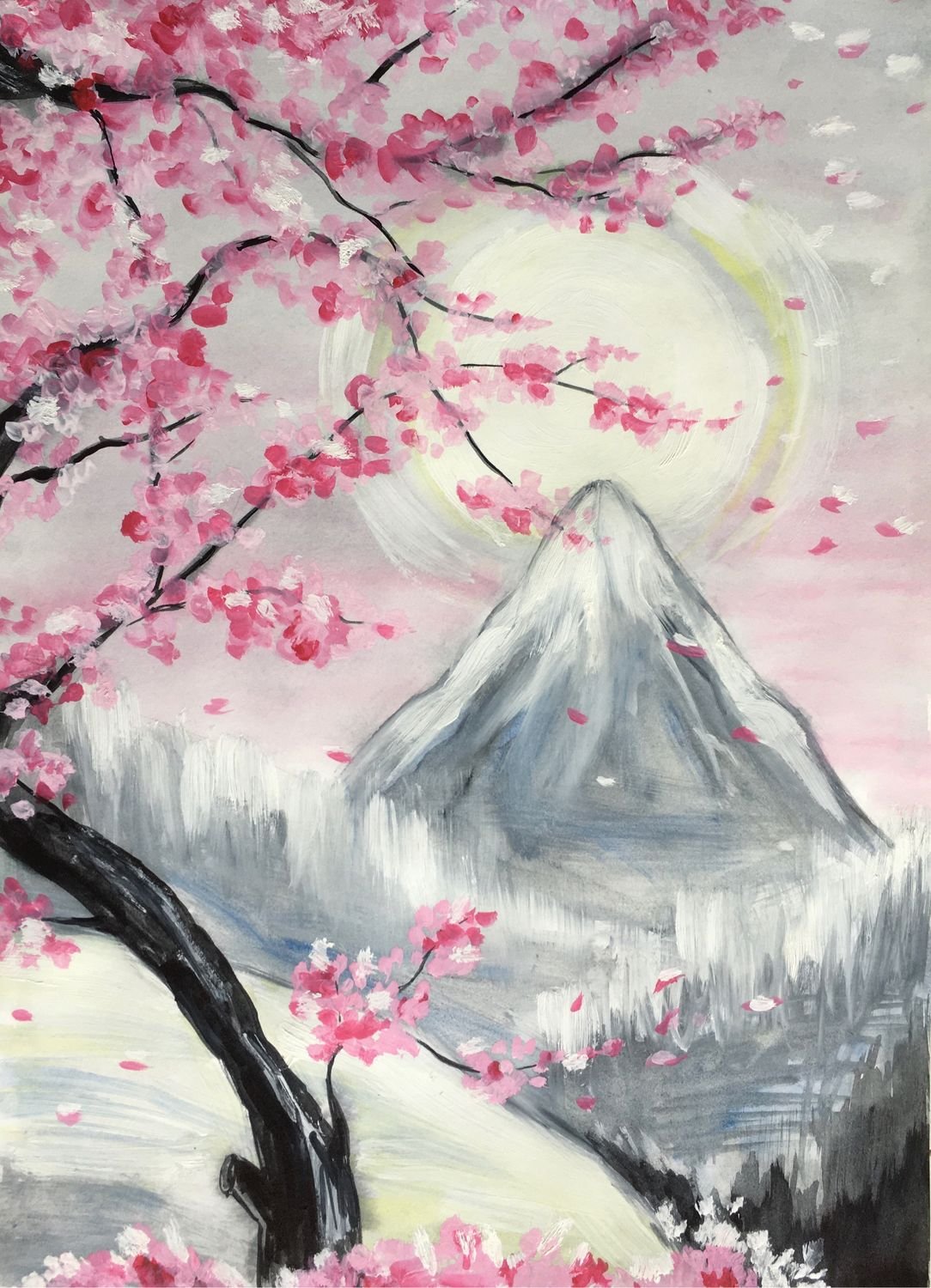 Сакура на фоне горы рисунок