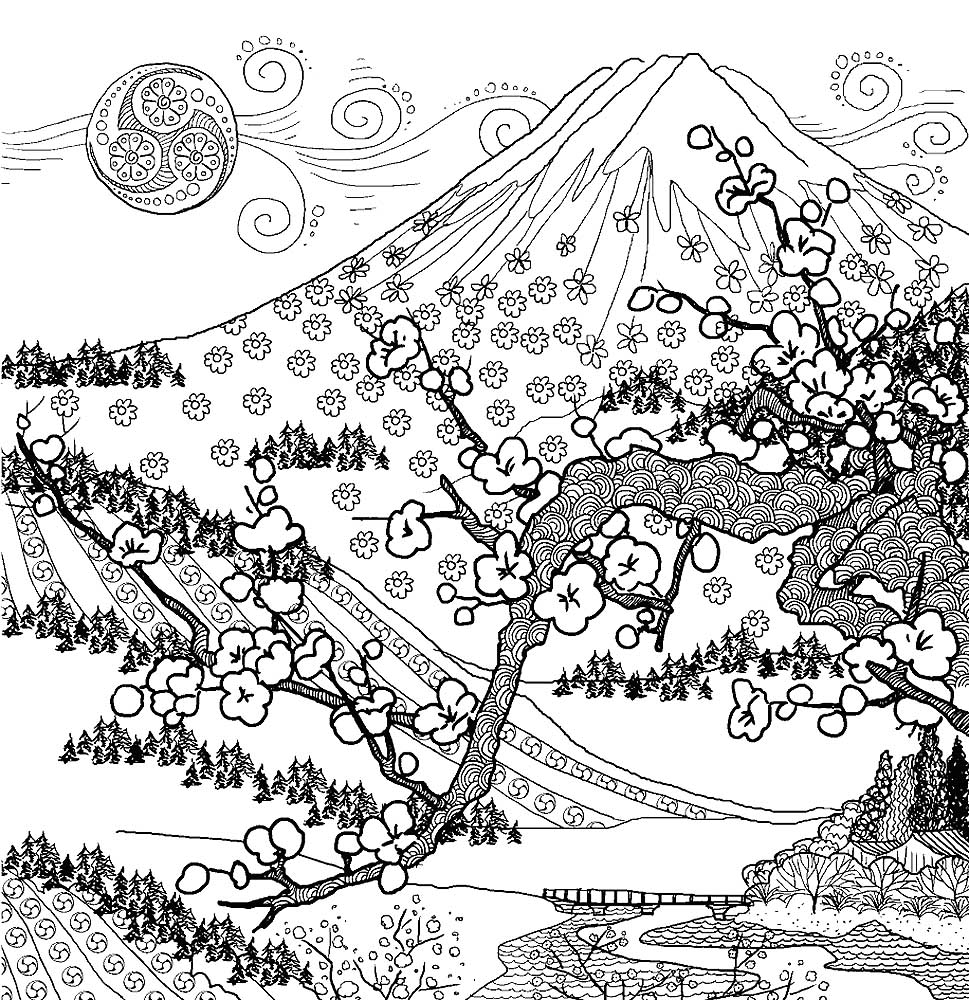 Сакура на фоне горы раскраска
