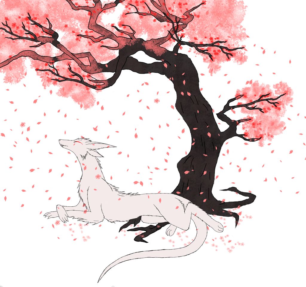 Дерево сакуры и собака рисунок