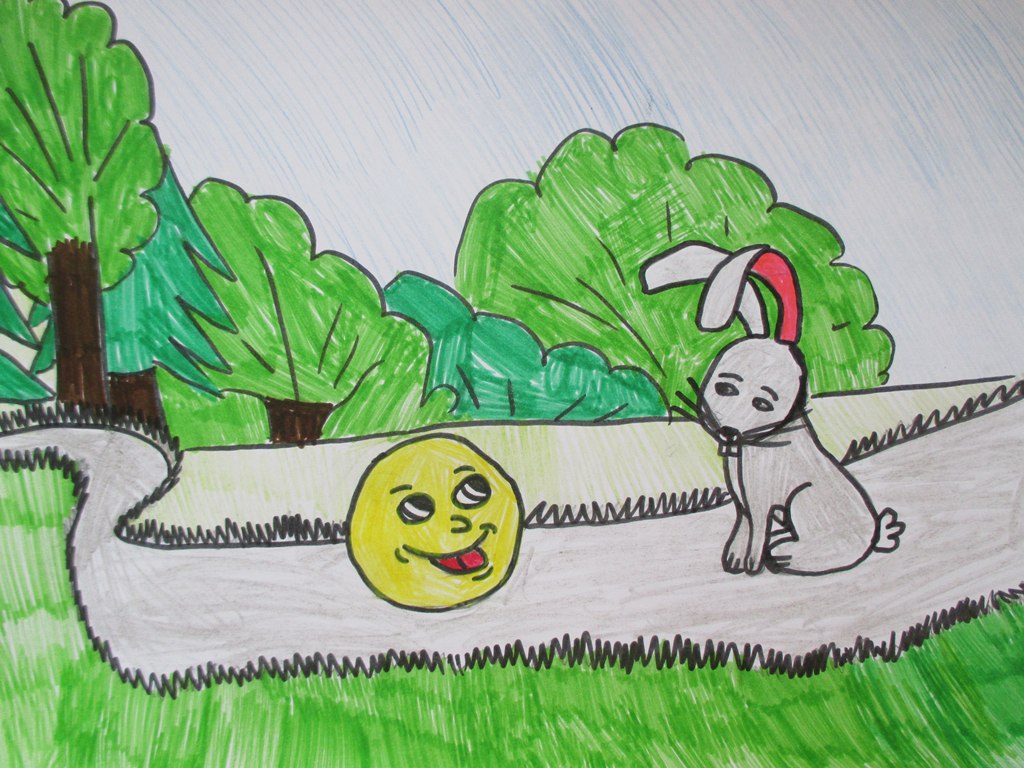 Детский рисунок карандашом заяц и Колобок