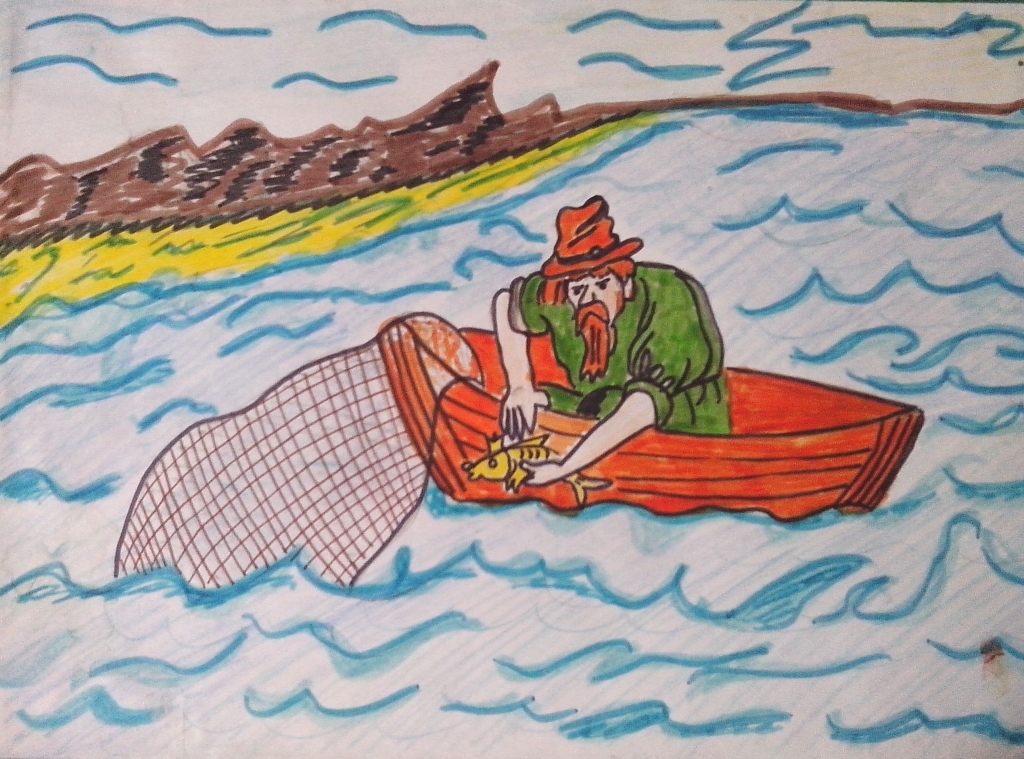 Старик и рыбка рисунок карандаш