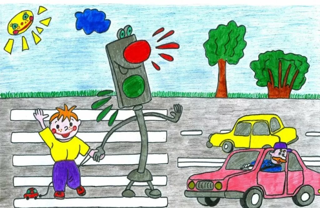 Детский рисунок ПДД светофор