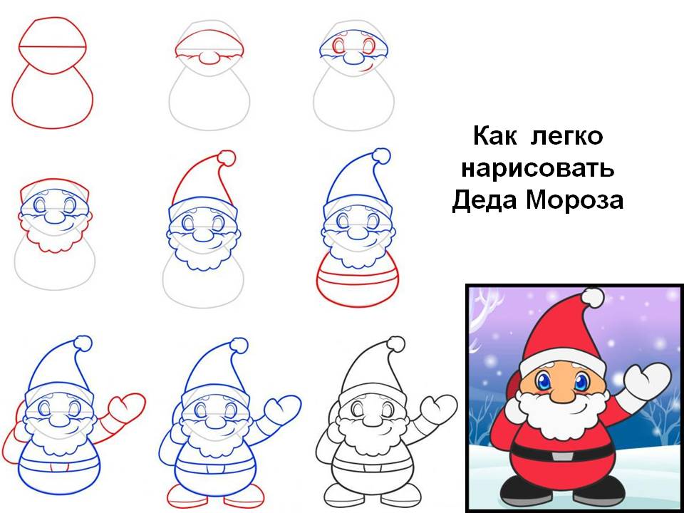 Картинка с поэтапным рисованием Деда Мороза