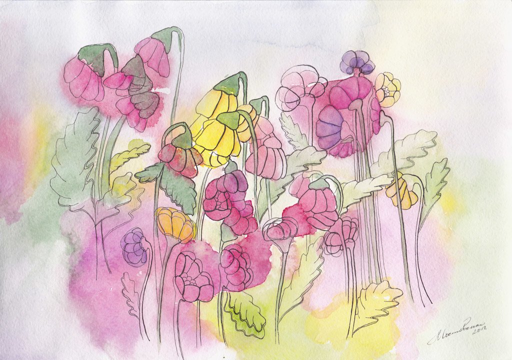Рисунок цветов акварельным карандашом
