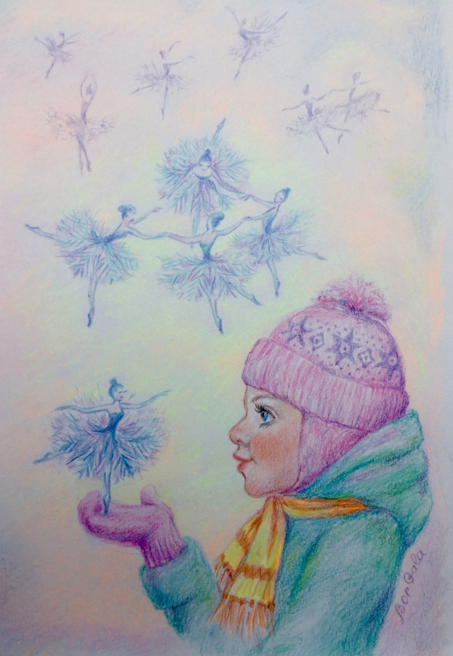 Детский рисунок со снежинками